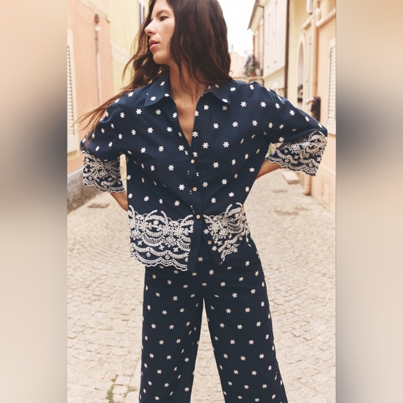 ZARA 2 PIECES EMBROIDERED SHIRT WITH EMBROIDERED CULOTTES SIZE XS - Picture 5 of 13